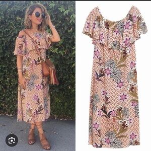 Zara Floral Print off the shoulder Maxi Dress - Pink and Brown Medium